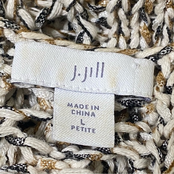 J Jill Open Knit V-Neck Sweater Petite Large Tan Black Boho Lagenlook Slouchy - Picture 4 of 7